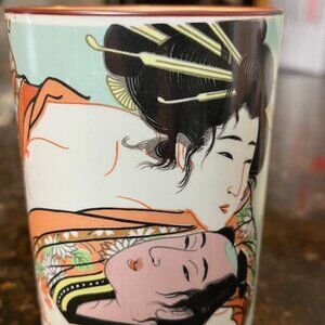 Vintage Japanese Erotic " Geisha Girl" porcelain tea / sake cup 4.5" t x 3" dia